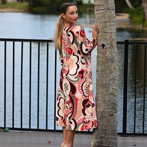 DEVORAH'S SECRET Modest Midi Dress Modern Floral Brown&Coral / Regular& Plus - Picture 2 of 6